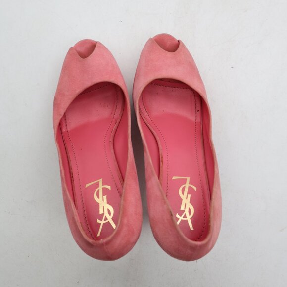Yves Saint Laurent Women's Size EU 37.5 Light Pink Suede Peep Toe Platform Pumps - Picture 9 of 11